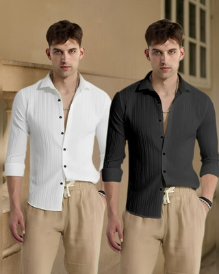 LAXBON Men Solid Casual Black, White Shirt(Pack of 2)