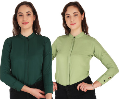 Hunoor Women Solid Casual Green, Light Green Shirt(Pack of 2)