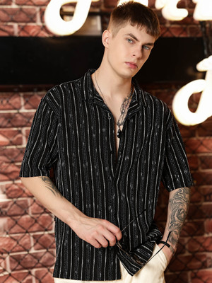 MANIAC Men Striped Casual Black Shirt