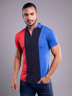 GEUM Men Self Design Casual Red, Dark Blue, Blue Shirt