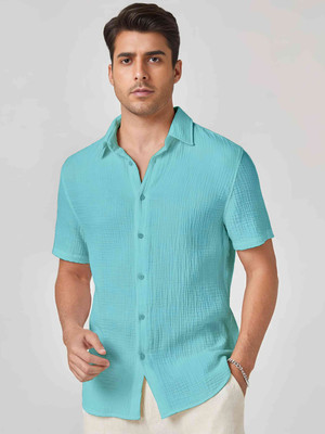 VODPROS Men Self Design Casual Light Blue Shirt