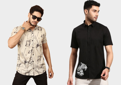 Emporium Men Self Design Casual Beige, Black Shirt(Pack of 2)