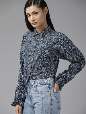 Roadster Women Printed Casual Dark Blue Shirt