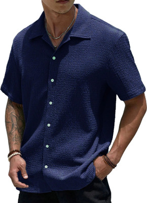 V M FASHION Men Self Design Casual Dark Blue Shirt