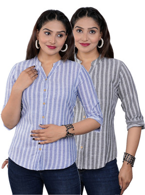 FABISHO Women Striped Formal Blue, Grey Shirt(Pack of 2)