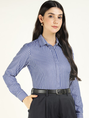 English Navy Women Striped Formal Blue Shirt