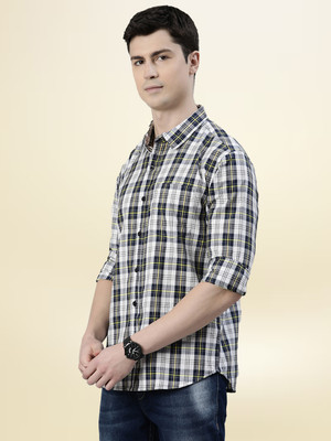 JOVEN Men Checkered Casual Dark Blue, White Shirt