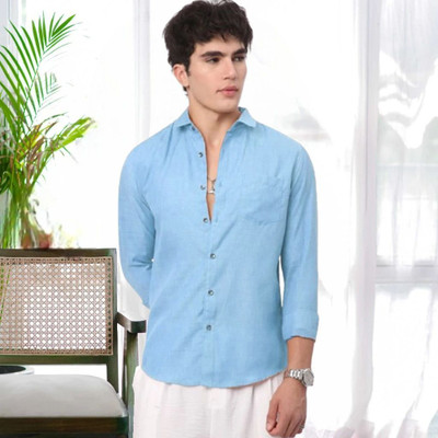 oquent Men Solid Casual Blue Shirt