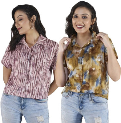 pecker Women Printed Casual Gold, Brown Shirt(Pack of 2)