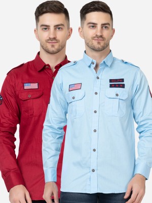 FREKMAN Men Solid Casual Maroon, Light Blue Shirt(Pack of 2)