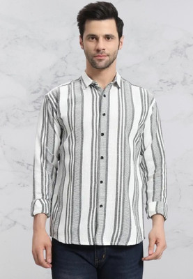 PALWEAR FASHION Men Striped Casual White, Grey Shirt