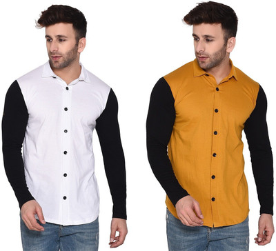 GEUM Men Solid Casual White, Gold Shirt(Pack of 2)