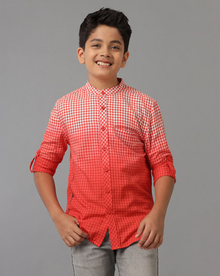 Under Fourteen Only Boys Self Design Casual Orange Shirt