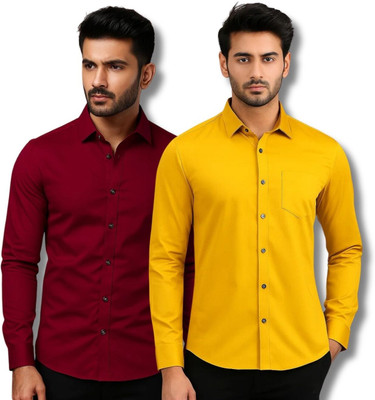 GOD HEART Men Solid Casual Maroon, Yellow Shirt(Pack of 2)