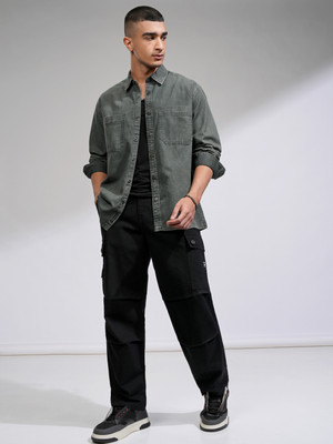 HIGHLANDER Men Self Design Casual Green Shirt