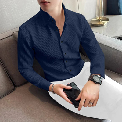 TorontoCN Men Self Design Casual Dark Blue Shirt