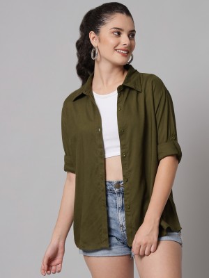 FurryFlair Women Solid Casual Green Shirt