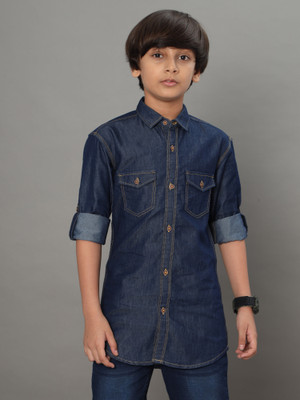 DARKCLUB Boys Printed Casual Dark Blue Shirt