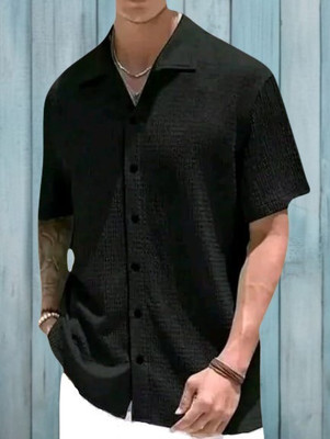 MUMIN Men Self Design Casual Black Shirt