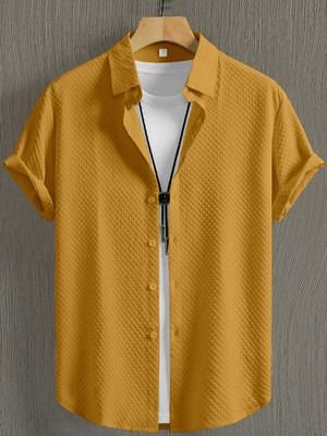 Webric Men Self Design Casual Yellow Shirt