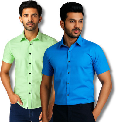 RAREMARK Men Solid Formal Light Green, Blue Shirt(Pack of 2)