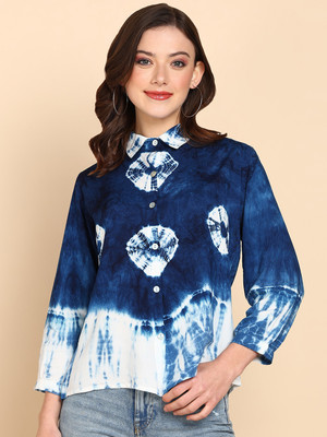 PinkTribe Women Dyed/Ombre Casual Dark Blue, White Shirt