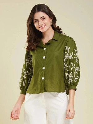 J TURRITOPSIS Women Embroidered Casual Green Shirt