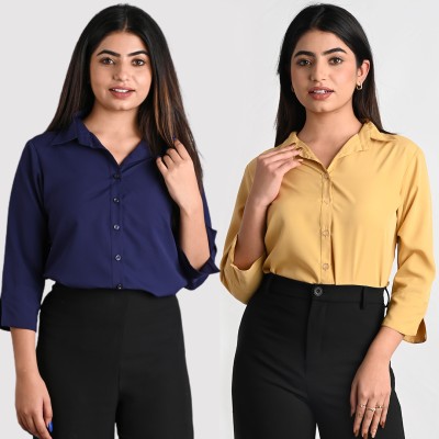 GM SARA Women Solid Formal Dark Blue, Yellow Shirt(Pack of 2)