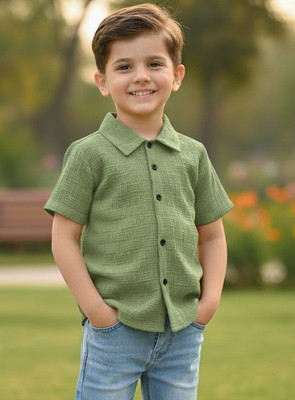 KIYATRA Boys Self Design Casual Green Shirt