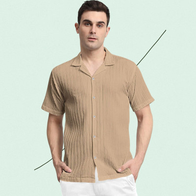 A Sti Men Self Design Casual Cream Shirt