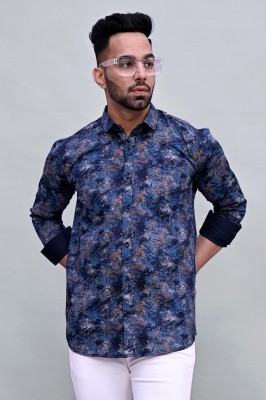 JOE & JOHN Men Printed Party Blue Shirt