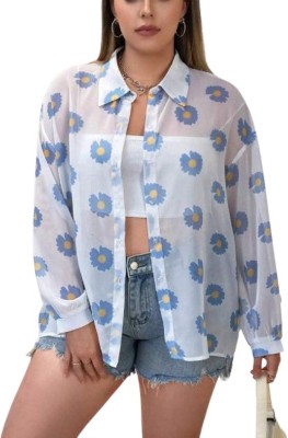 Baespice Women Floral Print Formal White, Blue Shirt