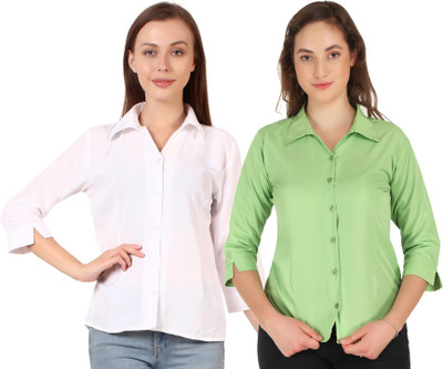 HEAVENS CREATIONS Women Solid Casual Green, White Shirt(Pack of 2)