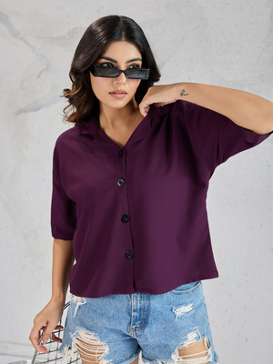 Dressberry Women Solid Casual Purple Shirt
