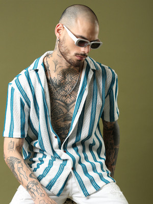 Voroxy Men Self Design Casual Blue Shirt
