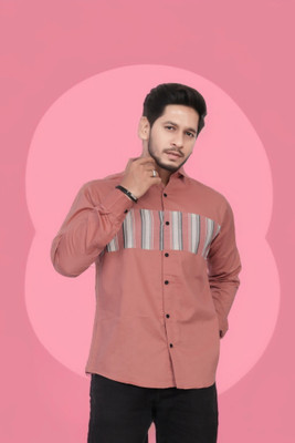 U and J Men Self Design Casual Pink Shirt
