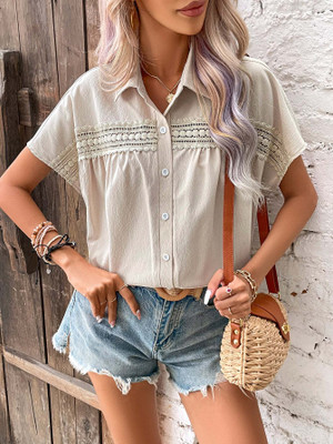 OUTZIDR Women Self Design Casual Beige Shirt