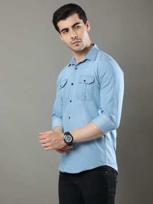 ZHAO Men Washed Casual Blue Shirt