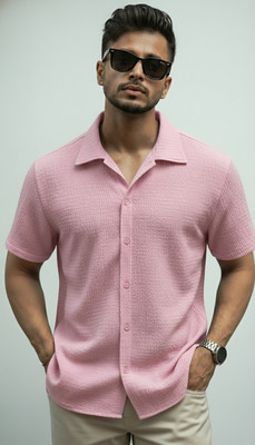 SEVENTEENSTITCH Men Solid, Self Design Casual Pink Shirt