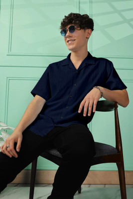OXXOM Men Self Design Casual Dark Blue Shirt
