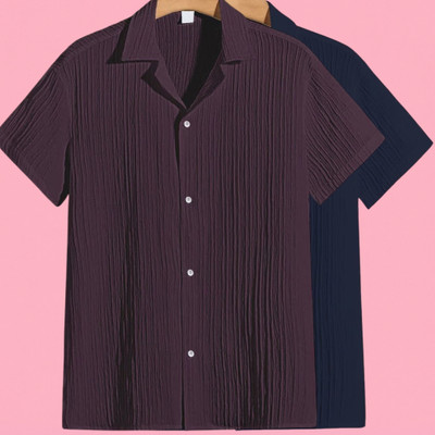 Jenil Fashion Men Self Design Casual Purple, Dark Blue Shirt(Pack of 2)