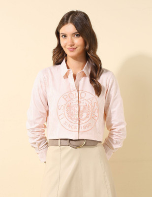 U.S. POLO ASSN. Women Striped, Printed Casual Pink Shirt