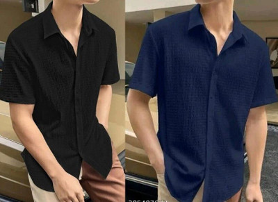 VRLOOKS Men Self Design Casual Black, Blue Shirt(Pack of 2)