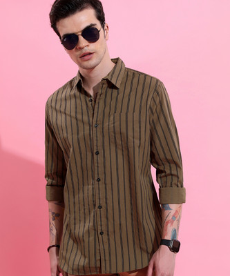 HIGHLANDER Men Striped Casual Brown Shirt