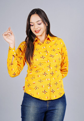 RF CLOTHES Women Printed Casual Yellow Shirt
