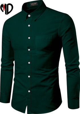 MILDIN Men Solid Casual Dark Green Shirt