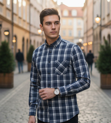 Bloviate Men Printed Casual Dark Blue, White Shirt