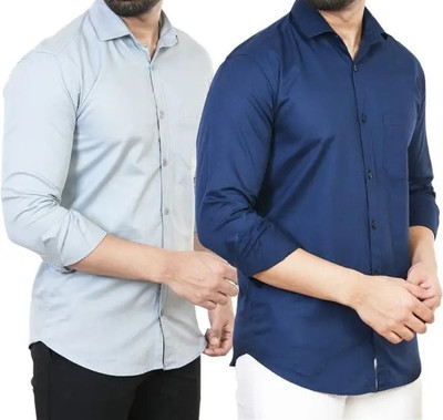 Hansroop Men Solid Casual Grey, Dark Blue Shirt(Pack of 2)