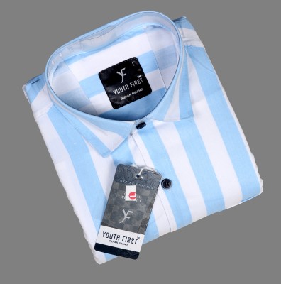 youth first Men Striped Casual Light Blue, White Shirt