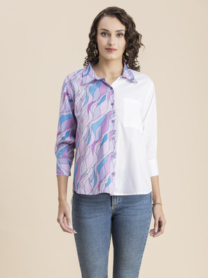 moomaya Women Animal Print Casual Purple, Light Blue Shirt